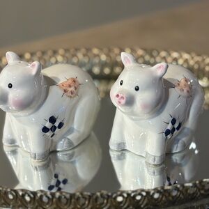 Vintage set of ceramic patchwork pig salt and pepper shakers